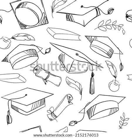 Graduation cap seamless background.Sketch vector illustration with diplomas,academic cap on white background.Finish education hat symbol template.Education concept