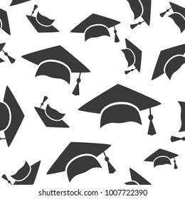 Graduation cap seamless pattern background icon. Business flat vector illustration. Finish education hat sign symbol pattern.