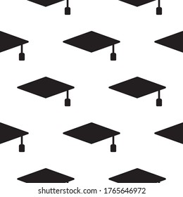 Graduation cap seamless pattern background icon. Finish education hat sign symbol pattern. Stock vector illustration isolated on white background