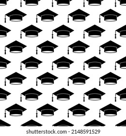 Graduation Cap Seamless Pattern. Grad Ceremony Backdrop. Vector Template For Fabric, Textile, Wallpaper, Wrapping Paper, Etc