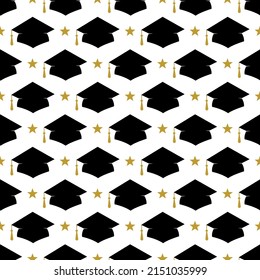 Graduation Cap Seamless Pattern. Grad Ceremony Backdrop. Vector Template For Textile, Fabric, Wallpaper, Wrapping Paper, Etc. 