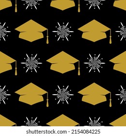 Graduation Cap Seamless Pattern. Grad Ceremony Backdrop. Vector Template For Fabric, Textile, Wrapping Paper, Wallpaper, Etc. 