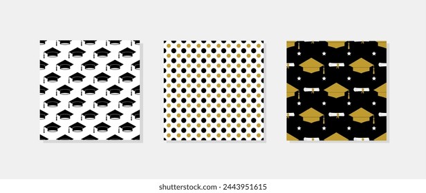 Graduation cap seamless pattern. Set of 3. rad ceremony backdrop. Vector template for fabric, textile, wallpaper, wrapping paper, etc