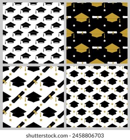 Graduation cap seamless pattern. Set of 4. grad ceremony backdrop. Vector template for fabric, textile, wallpaper, wrapping paper, scrapbooking, etc. 