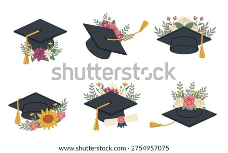 Graduation cap set adorned with blossoms, tassel, and diploma in flat cartoon style. Symbol of achievement, milestone, ceremony, and success for school and college. Cartoon vector illustration.