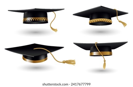 Graduation cap set. Black educational student hat with golden tassel. Element for degree ceremony and educational programs design. College, high school or university cap isolated on white background