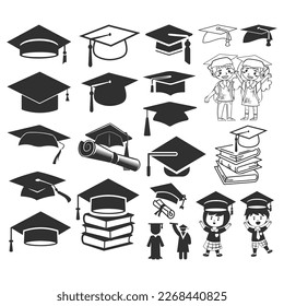 Graduation Cap Set, Hat Cut File, Black Silhouette, Vector Illustration