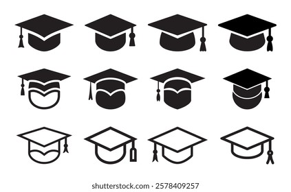 Graduation Cap Set Icons Isolated White Background