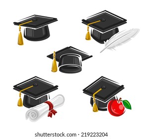 Graduation cap set. Vector 