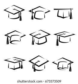 Graduation cap set. Vector