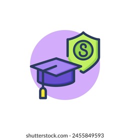 Graduation cap and shield line icon. Education, safety, checkmark outline sign. Insurance and protection concept. Vector illustration for web design and apps