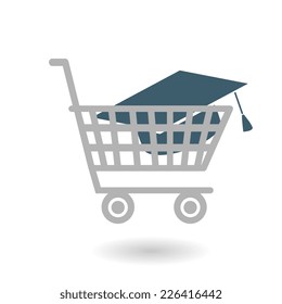 Graduation cap in shopping cart flat icon