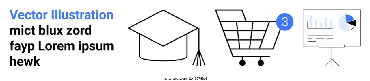 Boné de graduação, carrinho de compras com notificação e gráfico de apresentação com gráfico de pizza. Elementos de texto mict blux zord fayp Lorem ipsum hewk. Ideal para educação, comércio eletrônico, apresentações