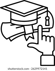 A graduation cap is shown with a hand pointing to it. Concept of graduation and the importance of education