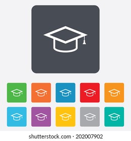 Graduation cap sign icon. Higher education symbol. Rounded squares 11 buttons. Vector
