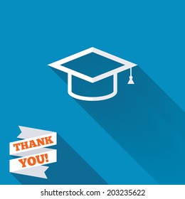 Graduation cap sign icon. Higher education symbol. White flat icon with long shadow. Paper ribbon label with Thank you text. Vector