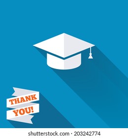 Graduation cap sign icon. Higher education symbol. White flat icon with long shadow. Paper ribbon label with Thank you text. Vector