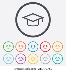 Graduation cap sign icon. Higher education symbol. Round circle buttons with frame. Vector
