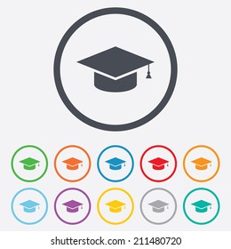 Graduation Cap Sign Icon. Higher Education Symbol. Round Circle Buttons With Frame. Vector