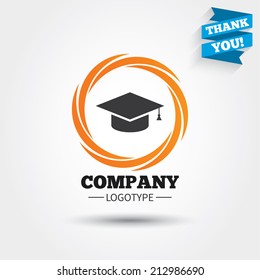 Graduation cap sign icon. Higher education symbol. Business abstract circle logo. Logotype with Thank you ribbon. Vector
