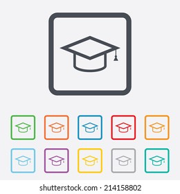 Graduation cap sign icon. Higher education symbol. Round squares buttons with frame. Vector