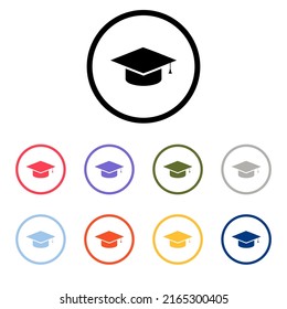Icono de signo de cierre de graduación. Símbolo de educación superior. Botones redondeados de círculo con marco. Vector