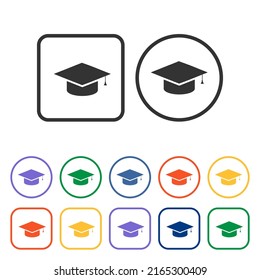 Graduation cap sign icon. Higher education symbol. Circles and rounded squares 12 buttons. Vector