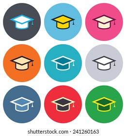 Graduation cap sign icon. Higher education symbol. Colored round buttons. Flat design circle icons set. Vector