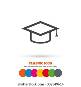 Graduation cap sign icon. Higher education symbol. Classic flat icon. Colored circles. Vector