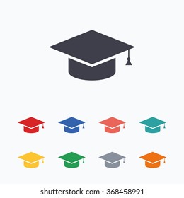 Graduation cap sign icon. Higher education symbol. Colored flat icons on white background.