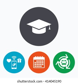 Graduation cap sign icon. Higher education symbol. Mobile payments, calendar and wifi icons. Bus shuttle.