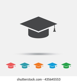 Graduation cap sign icon. Higher education symbol. Graphic element on white background. Colour clean flat education icons. Vector