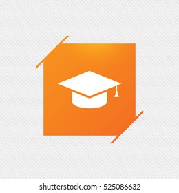 Graduation cap sign icon. Higher education symbol. Orange square label on pattern. Vector