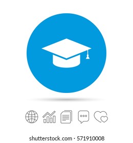 Graduation cap sign icon. Higher education symbol. Copy files, chat speech bubble and chart web icons. Vector