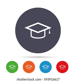 Graduation cap sign icon. Higher education symbol. Round colourful buttons with flat icons. Vector
