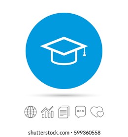 Graduation cap sign icon. Higher education symbol. Copy files, chat speech bubble and chart web icons. Vector