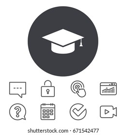 Graduation cap sign icon. Higher education symbol. Calendar, Locker and Speech bubble line signs. Video camera, Statistics and Question icons. Vector