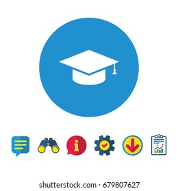 Graduation cap sign icon. Higher education symbol. Information, Report and Speech bubble signs. Binoculars, Service and Download icons. Vector