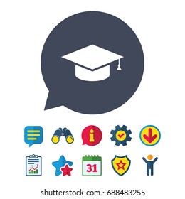 Graduation cap sign icon. Higher education symbol. Information, Report and Speech bubble signs. Binoculars, Service and Download, Stars icons. Vector