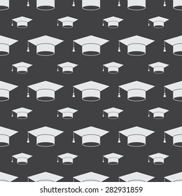 Graduation cap sign icon seamless background. Higher education symbol pattern. Black texture backdrop. Vector illustration