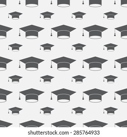 Graduation cap sign icon seamless background. Higher education symbol pattern. Black texture backdrop. Vector illustration