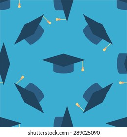 Graduation Cap Sign Icon Seamless Background. Higher Education Symbol Pattern. Blue Texture Backdrop With Tossing Hats. Vector Illustration