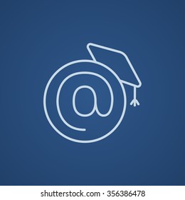 Graduation cap with at sign line icon for web, mobile and infographics. Vector light blue icon isolated on blue background.