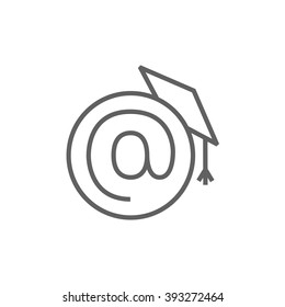 Graduation cap with at sign line icon.