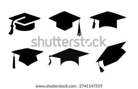 Graduation cap silhouette icon collection representing academic achievement, education and university success concepts. Ideal for certificates, educational graphics and student themed design projects.