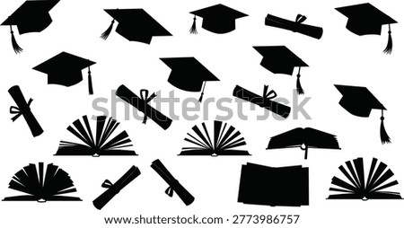 Graduation cap silhouettes, diploma scrolls, open books, education academic symbols, university degree icons, school ceremony elements, cad drawing flat vector illustration.