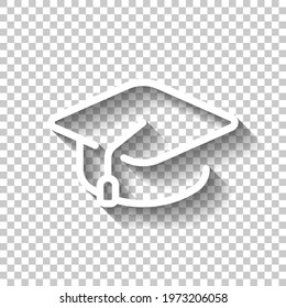 Graduation cap, simple icon. White linear icon with editable stroke and shadow on transparent background