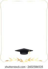 A graduation cap sits at the bottom of a decorative border with laurel leaves in a minimalist style. The cap and ornate frame create an elegant academic theme. Cartoon vector illustration.