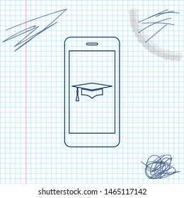 Graduation cap and smartphone icon. Online learning or e-learning concept line sketch icon isolated on white background. Vector Illustration