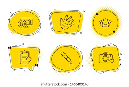 Graduation cap, Social responsibility and Photo camera signs. Chat bubbles. Patient history, Bitcoin chart and Chemistry pipette line icons set. Vector